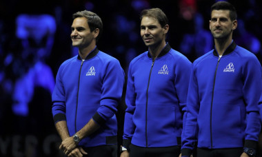 London, UK. 23rd Sep, 2022. Roger Federer, Rafael Nadal and Novak Djokovic of Team Europe before the ATP Laver Cup 2022 at the o2 Arena, London, England on 23 September 2022. Photo by Joshua Smith. Editorial use only, license required for commercial use.