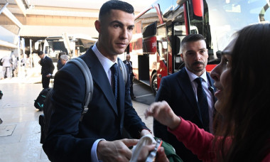 Portuguese footballer Cristiano Ronaldo Seen Arriving At Lisbon Airport By Bus To Depart For Qatar World Cup