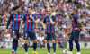 Ronald Araujo of FC Barcelona, Robert Lewandowski of FC Barcelonam Frenkie de Jong of FC Barcelona and Memphis Depay of FC Barcelona during the Liga match between FC Barcelona and Elche CF at Spotify Camp Nou in Barcelona, Spain.
