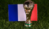 November 13, 2022, Doha, Qatar. FIFA World Cup trophy on the background of the flag of France on the green lawn of the stadium.