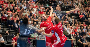 Aalborg, Denmark. 23rd Nov, 2022. Jeremy Toto (17) and Alexandre Cavalcanti (8) of HBC Nantes seen in the EHF Champions League match between Aalborg Handball and Nantes at Sparekassen Danmark Arena in Aalborg. (Photo Credit: Gonzales Photo/Alamy Live News