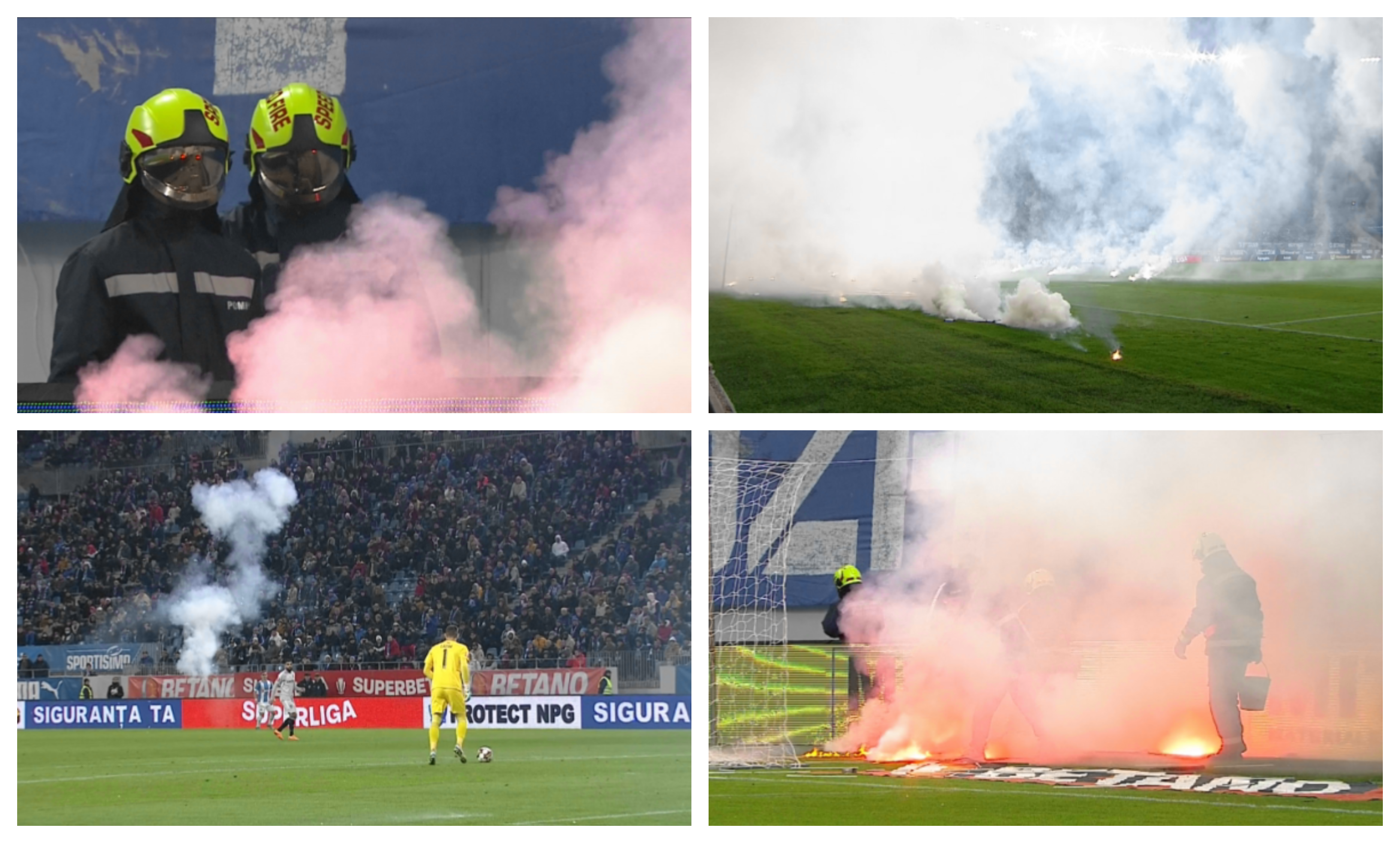 Spectacol pirotehnic la derby-ul Craiovei! Cele două galerii au incendiat terenul. Fotbalistul atacat de ultrași