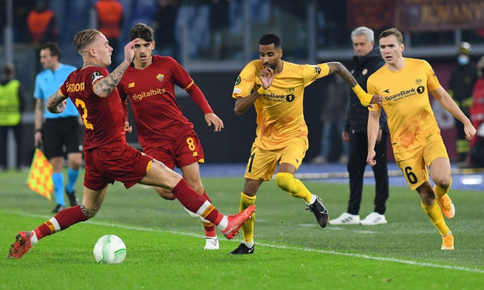 Rome, Lazio. 04th Nov, 2021. Rick Karsdorp of AS Roma Gonzalo Villar of AS Roma Amahl Pellegrino of Bodo Glimt Morten Konradsen of Bodo Glimt during the Conference League match between AS Roma v Bodo Glimt at Olimpico stadium in Rome, Italy, November 04th