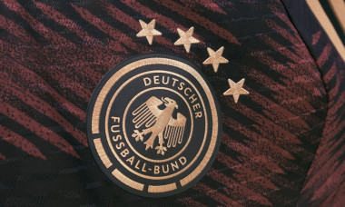 Adidas presents the kit for the German national team for the FIFA Football World Cup 2022 in Qatar - team logo on shirt of the away kit