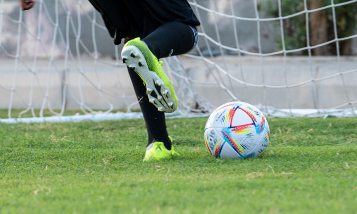 Adidas launch the official match ball for Qatar FIFA World Cup 2022 as name "AL RIHLA" which is mean "Journey" in English. Close-up and selective focu