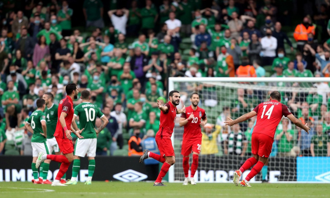 Azerbaijan's Emin Mahmudov celebrates scoring their side's first goal of the game during the 2022 FIFA World Cup Qualifying match at the Aviva Stadium, Dublin. Picture date: Saturday September 4, 2021.
