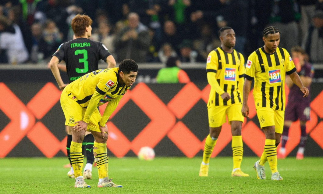 left to right Jude BELLINGHAM (DO), Youssoufa MOUKOKO (DO), Karim-David ADEYEMI (DO) disappointed after the game, Soccer 1. Bundesliga, 15.matchday, Borussia Monchengladbach (MG) - Borussia Dortmund (DO) 4:2, on November 11th, 2022 in Borussia Monchenglad