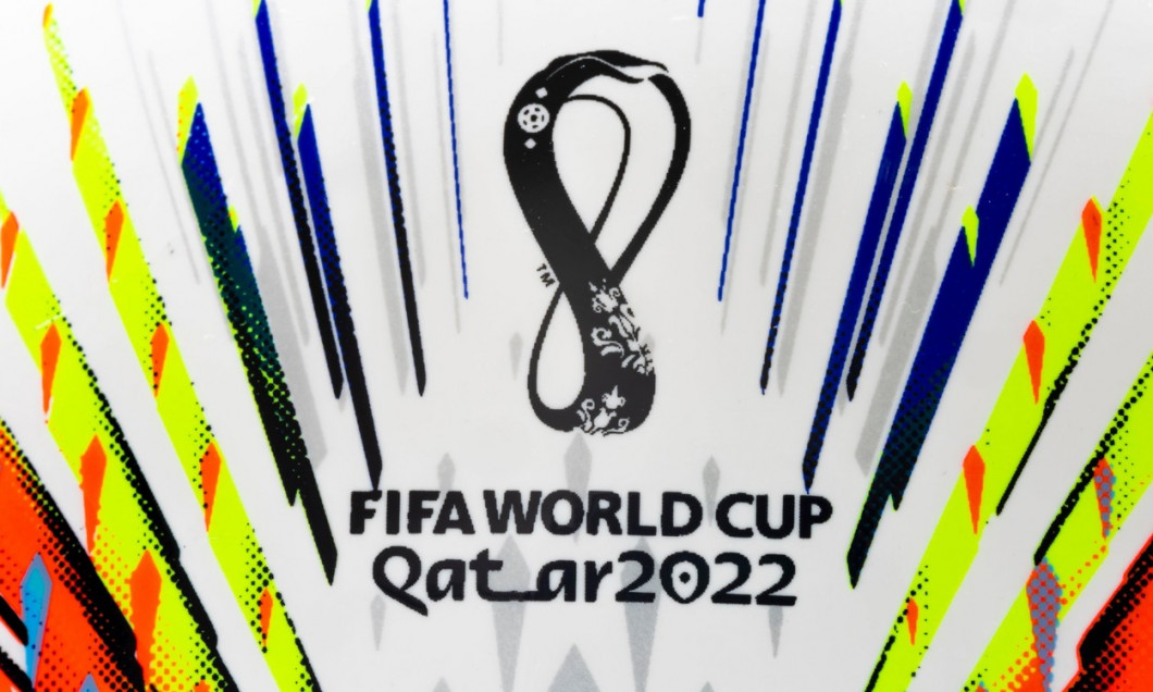 Lusail, Qatar. April 9, 2022. A Macro Close up to a logo of a 2022 FIFA World Cup Qatar Adidas Al Rihla Football