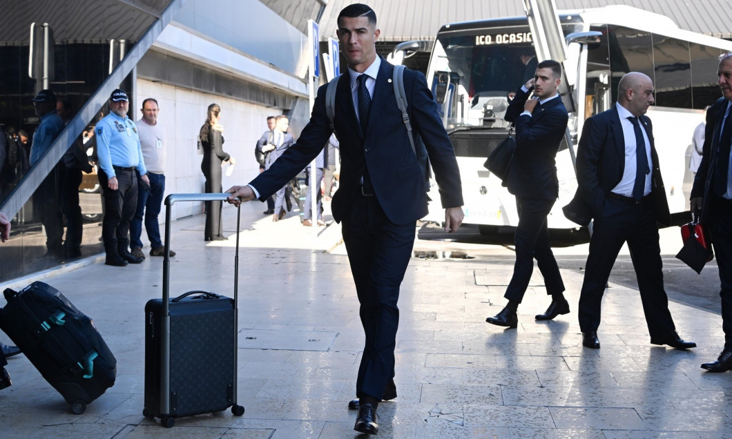 Portuguese footballer Cristiano Ronaldo Seen Arriving At Lisbon Airport By Bus To Depart For Qatar World Cup