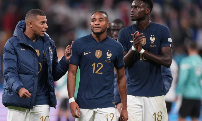 Kylian Mbappe (Paris Saint-Germain) of France &amp; Christopher Nkunku (RB Leipzig) of France during the International natio