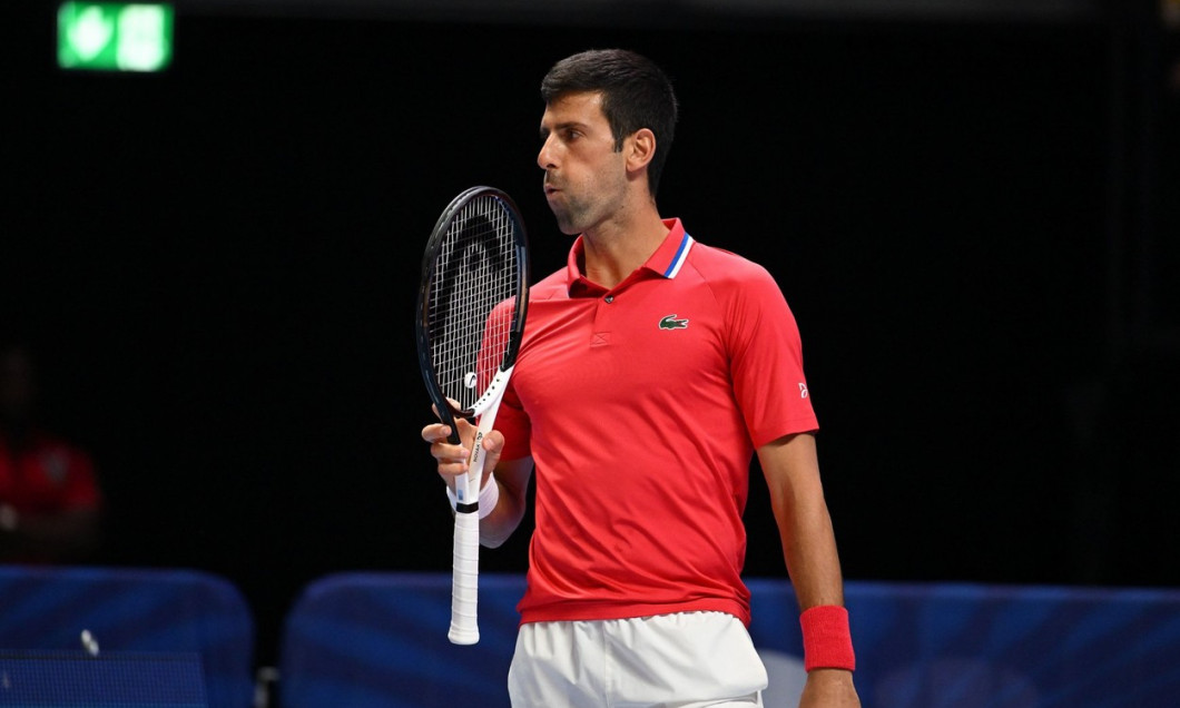 Dubai, UAE, 23rd December 2022. Action from the 1st edition of the World Tennis League held in Dubai at the Coca Cola Arena. Novak Djokovic of Team Falcons beat Sebastian Ofner of Team Kites 6-7 (6-7) 6-0 10-7. Credit: Feroz Khan/Alamy Live News