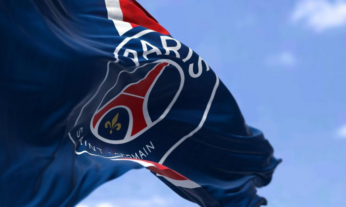 Paris, FRA, sept 2022: The flag of Paris Saint Germain football club waving in the wind. Paris Saint Germain is a professional football club based in