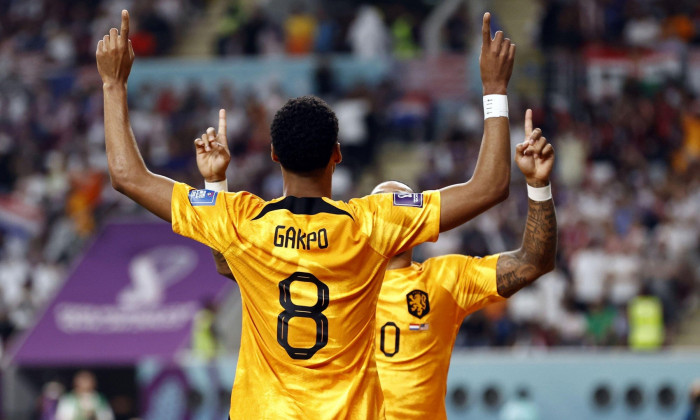 AL-Rayyan, Qatar.. 03rd Dec, 2022. AL-RAYYAN - (lr) Cody Gakpo of Holland, Memphis Depay of Holland celebrate the 1-0 during the FIFA World Cup Qatar 2022 round of 16 match between Netherlands and United States at Khalifa International stadium on December