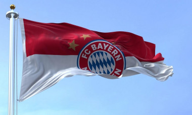 Munich, GER, May 2022: The Bayern Munich Flag waving in the wind on a clear day. Bayern Munich is a German sports club based in Munich