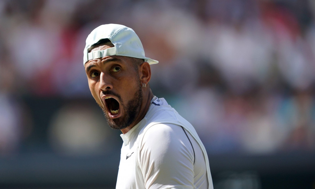 Nick Kyrgios reacts during The Final of the Gentlemen's Singles against Novak Djokovic on day fourteen of the 2022 Wimbledon Championships at the All England Lawn Tennis and Croquet Club, Wimbledon. Picture date: Sunday July 10, 2022.