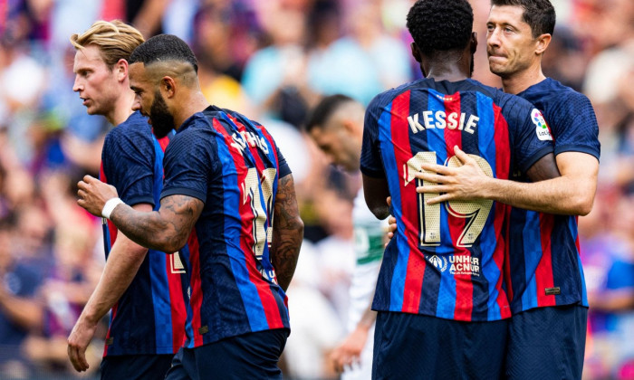 Barcelona, Spain. 17th Sep, 2022. Robert Lewandowski (FC Barcelona) celebrates with his teammate Franck Kessie (FC Barcelona) after scoring during La Liga football match between FC Barcelona and Elche CF, at Camp Nou Stadium in Barcelona, Spain, on Septem