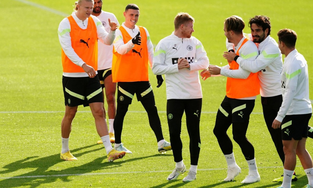 Manchester City's Erling Haaland (left), Riyad Mahrez, Phil Foden, Kevin De Bruyne, Jack Grealish and Ilkay Gundogan during a training session at the City Football Academy, Manchester. Picture date: Monday October 10, 2022.