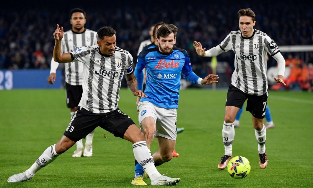 Napoli, Italy. 13th Jan, 2023. Danilo Luiz Da Silva of Juventus FC, Khvicha Kvaratskhelia of SSC Napoli and Federico Chiesa of Juventus FC during the Serie A football match between SSC Napoli and Juventus FC at Diego Armando Maradona stadium in Napoli (It