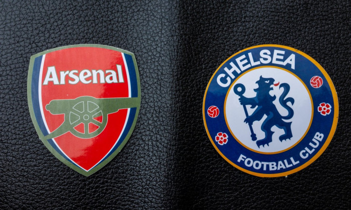 May 11, 2019 Baku, Azerbaijan. Emblems of the finalists of the UEFA Europa League season 2018/2019 of FC Arsenal (London) and FC Chelsea (London) on a