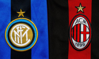 Calgary, Alberta, Canada. July 10, 2020. AC Milan vs Inter Milan close up to their jersey logo