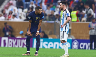 Lusail, Qatar. 18th Dec, 2022. Soccer, 2022 World Cup in Qatar, Argentina - France, Final, at Lusail Stadium, France's Kylian Mbappe (l) and Argentina's Lionel Messi stand at the kick-off point before the start of extra time. Credit: Tom Weller/dpa/Alamy