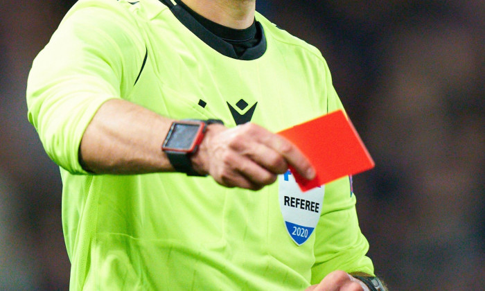 Champions League, Chelsea-Munich, London Feb 25, 2020.Referee Clement TURPIN, FRA with whistle, gestures, shows, watch, individual action, shows red card to Marcos ALONSO, Chelsea 3 FC CHELSEA - FC BAYERN MUNICH 0-3UEFA Football Champions League , Lo