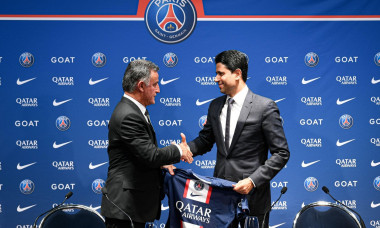 Paris, France. 05th July, 2022. French coach Christophe Galtier (L) and PSG's President Nasser Al-Khelaifi (R) holds a jersey as they pose at the end of a press conference after Galtier was appointed as French L1 football club Paris Saint-Germain's (PSG)
