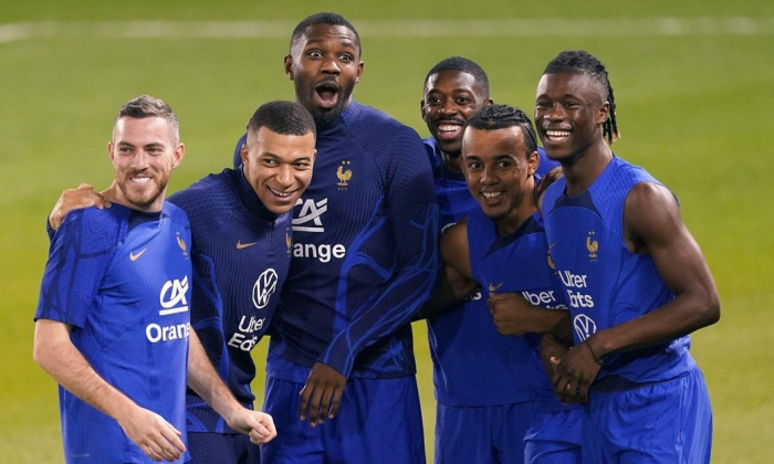 France's Jordan Vertout, Kylian Mbappe, Marcus Thuram, Ousmane Dembele, Jules Kounde and Eduardo Kamavinga (left-right) during a Training Session at Al Sadd SC Stadium in Doha, Qatar. Picture date: Friday December 16, 2022.