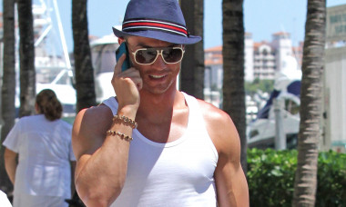 Portuguese footballer Cristiano Ronaldo out for a walk with friends on Miami Beach Marina
