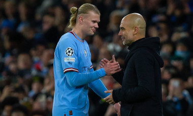 Erling Haaland of Man City and manager Pep Guardiola during the UEFA Champions League round of 16 2nd leg match between