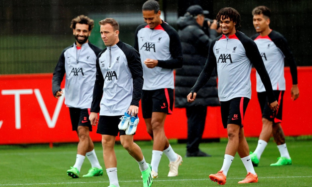 12th September 2022, AXA Training Centre, Kirkby, England: Liverpool FC training and press conference ahead of Champions League game versus Ajax on 13th September: Recent signing Arthur Melo leads out the team group during today's training session