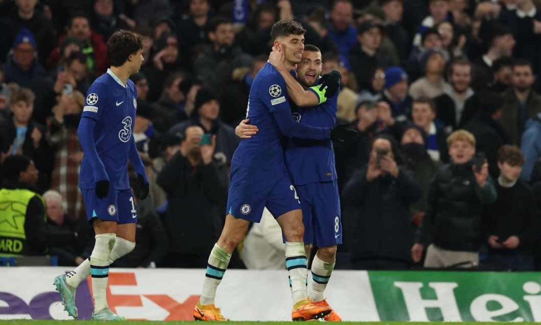 7th March 2023; Stamford Bridge, Chelsea, London, England: Champions League Football, Round of 16, Second Leg, Chelsea versus Borussia Dortmund; Kai Havertz of Chelsea celebrates with Mateo Kovacic after he scores a retaken penalty for 2-0 in the 53rd min