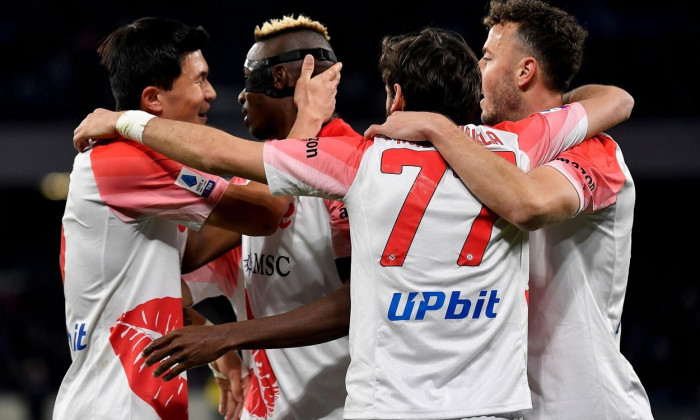 Napoli, Italy. 12th Feb, 2023. Victor Osimhen of SSC Napoli (2l) celebrates with Kim Min-jae, Khvicha Kvaratskhelia and Amir Rrahmani after scoring the goal of 2-0 during the Serie A football match between SSC Napoli and US Cremonese at Diego Armando Mara