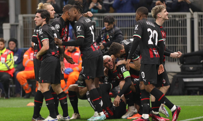 Champions League: AC MILAN vs TOTTENHAM HOTSPUR Italy, Milan, feb 14 2023: Malick Thiaw, Theo Hernandez, Pierre Kalulu,