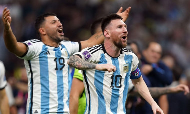 Argentina's Lionel Messi celebrates victory over France to win the FIFA World Cup with former player Sergio Aguero, at Lusail Stadium, Qatar. Picture date: Sunday December 18, 2022.