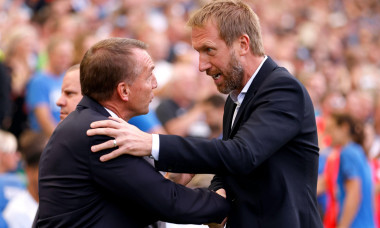 Brighton and Hove Albion manager Graham Potter (right) and Leicester City manager Brendan Rodgers shake hands during the Premier League match at The Amex Stadium, Brighton. Picture date: Sunday September 4, 2022.