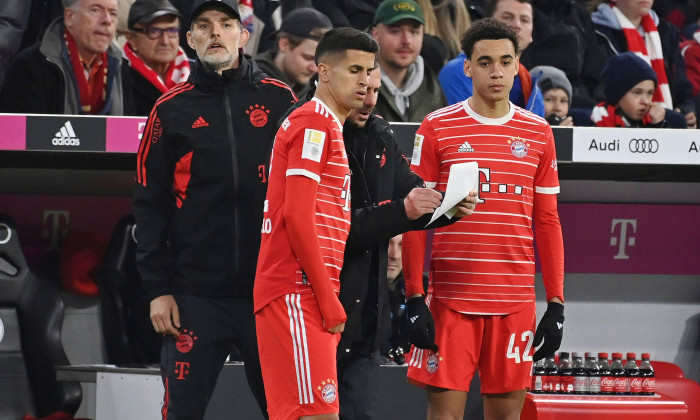 Munich, Deutschland. 01st Apr, 2023. coach Thomas TUCHEL (FC Bayern Munich) with Joao CANCELO (FC Bayern Munich) and Jamal MUSIALA (FC Bayern Munich) before substituting, football 1. Bundesliga season 2022/2023, 26.matchday, matchday26, FC Bayern Munich -