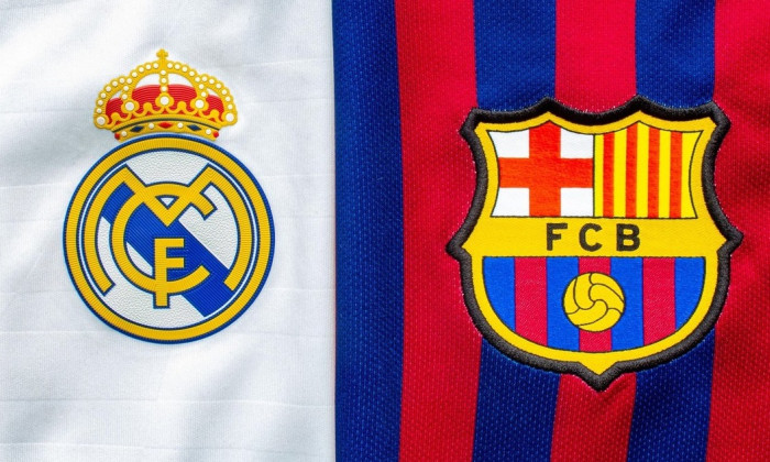 Calgary, Alberta, Canada. July 10, 2020. Club Barcelona vs Real madrid close up to their jersey logo