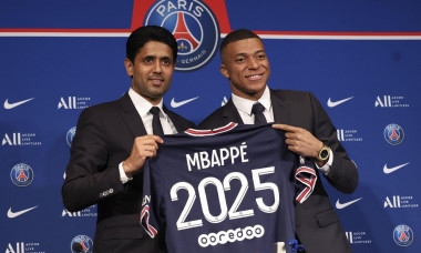 Paris, France, 23/05/2022, President of PSG Nasser Al Khelaifi, Kylian Mbappe of PSG during a press conference following the renewal of Mbappe's contract at Paris Saint-Germain until 2025, on May 23, 2022 at Parc des Princes stadium in Paris, France - Pho