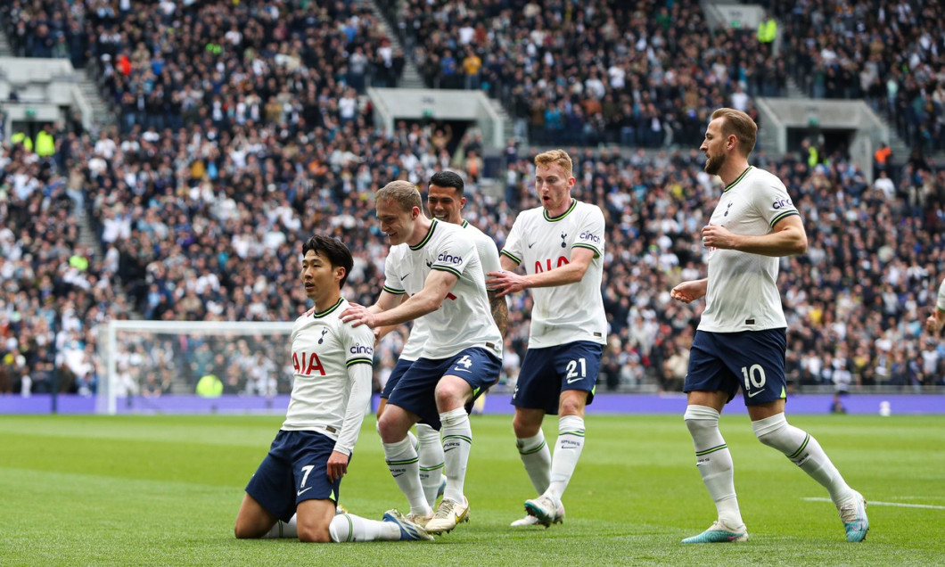 London, England, 8th April 2023. Son Heung-min of Tottenham Hotspur (left) celebrates scoring their side s first goal of