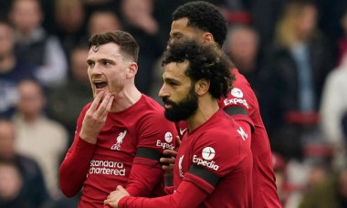 Liverpool, England, 9th April 2023. Andrew Robertson of Liverpool is led away as he claims he was elbowed in the chin by