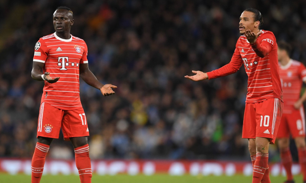 Manchester, England, 11th April 2023. Sadio Mane and Leroy Sane of Bayern Munich disagree during the UEFA Champions Leag