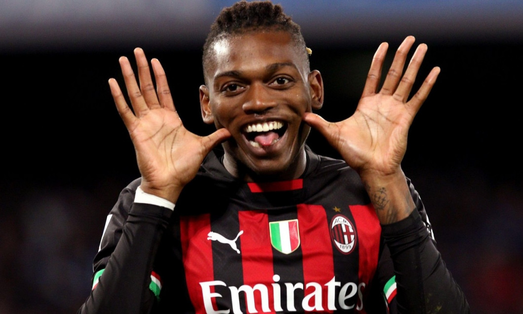 Napoli, Italy. 02nd Apr, 2023. Rafael Leao of Ac Milan celebrates after scoring a goal during the Serie A match beetween Ssc Napoli and Ac Milan at Stadio Maradona on April 2 2023 in Napoli, Italy . Credit: Marco Canoniero/Alamy Live News