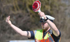 A traffic cop raises a trowel (STOP POLICE) and waves a car driver to the side of the road, 24-hour lightning marathon in several federal states, such as here in Haar near Munich in Bavaria Europe-wide lightning marathon also started in Bavaria - around 1