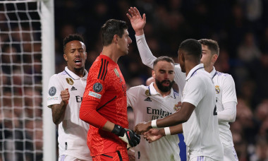 London, England, 18th April 2023. Thibaut Courtois of Real Madrid celebrates with team mated after he makes a save from