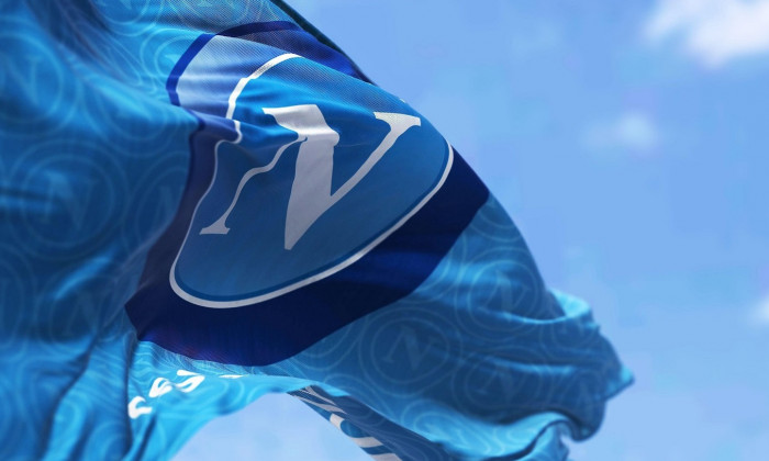 Naples, Italy, July 2022: The flag of SSC Napoli waving. SSC Napoli is a professional football club based in Naples, Italy.