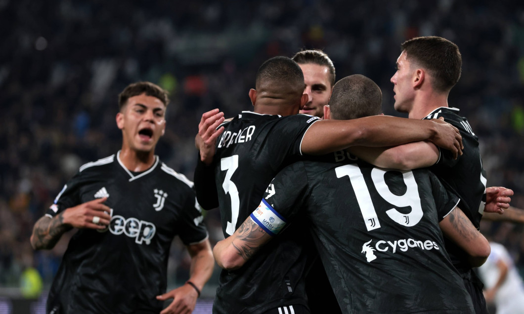 Turin, Italy, 12th March 2023. Gleison Bremer of Juventus celebrates with team mates after scoring to give the side a 1-