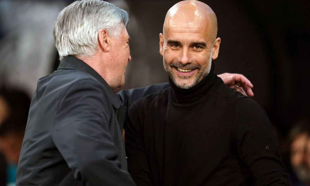 Real Madrid manager Carlo Ancelotti (left) and Manchester City manager Pep Guardiola (right) during the UEFA Champions League semi final, second leg match at the Santiago Bernabeu, Madrid. Picture date: Wednesday May 4, 2022.