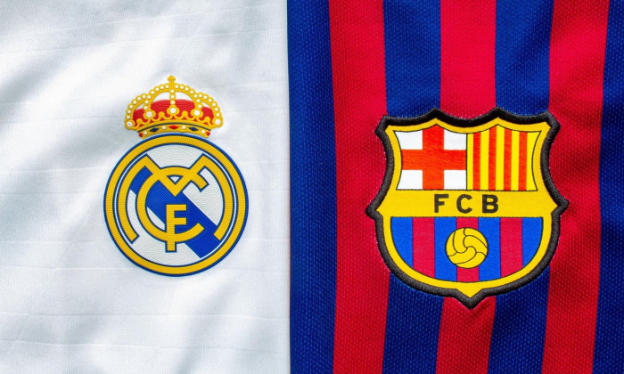 Calgary, Alberta, Canada. July 10, 2020. Club Barcelona vs Real madrid close up to their jersey logo