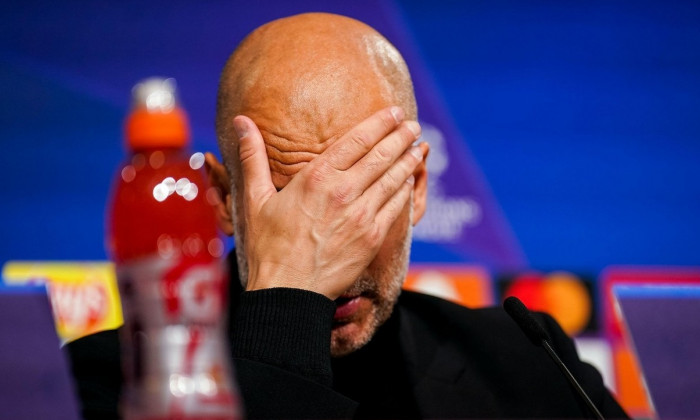 Munich, Germany. 19th Apr, 2023. MUNICH, GERMANY - APRIL 19: Coach Pep Guardiola of Manchester City reacts while attending a press conference after the UEFA Champions League Quarterfinal Second Leg match between FC Bayern Munchen and Manchester City at th